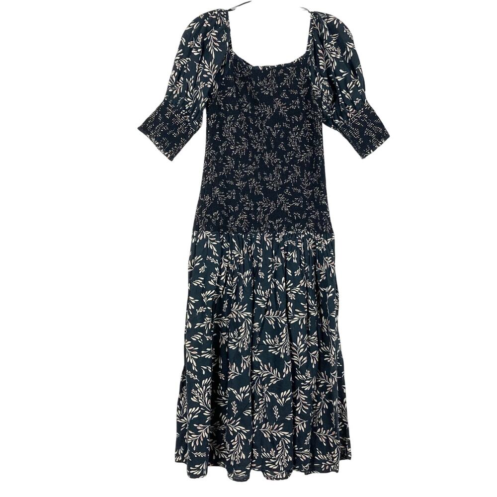 NWOT ZARA Dress M Linen Floral Off/On-Shoulder Puff-1/2-Sleeve Fit&Flare Smocked - Picture 6 of 14